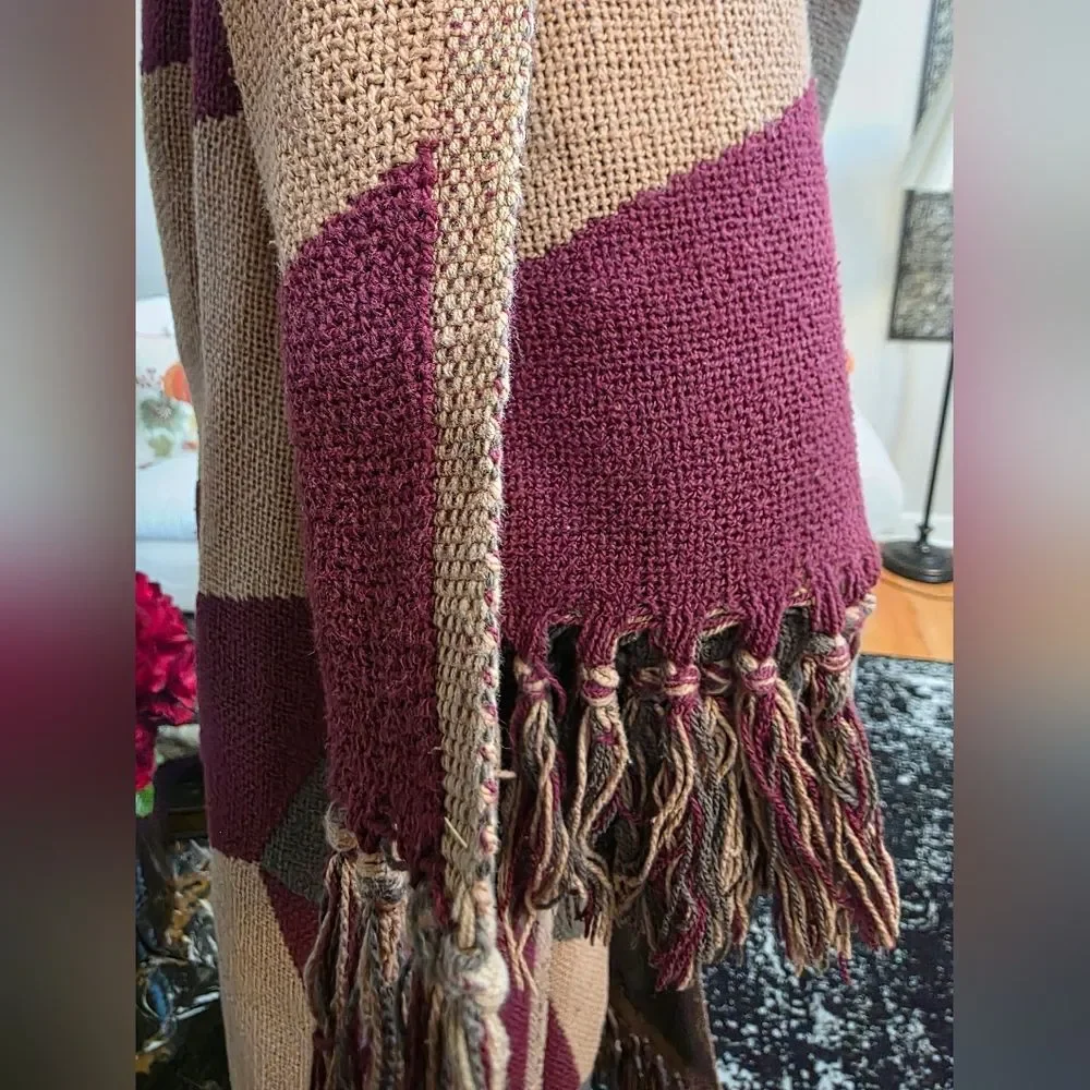 VHC, Inc Primitive Throw Burgundy Tan Vasarely Woven Blanket 64x48 Fringe